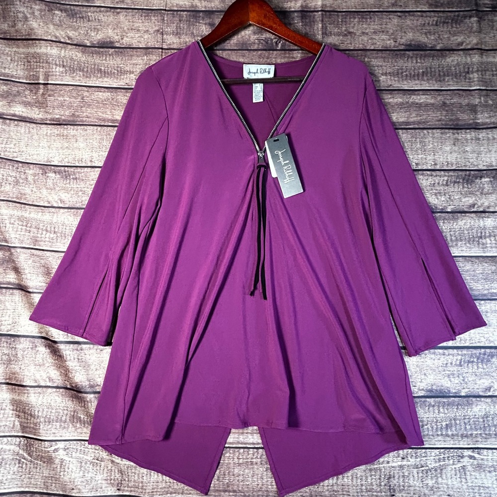 Joseph Ribkoff Purple Zip Neck Tunic Top Flare Sleeve Open Back Size 10 NEW
